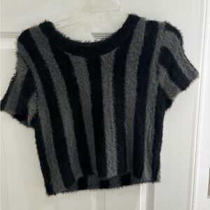Olivaceous short sleeve crop fuzzy black and gray stripe sweater